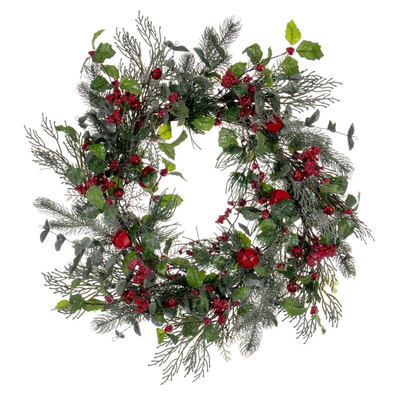 Vickerman 24" Green Artificial Holly Pine and Red Jingle Bell Wreath., 1 of 6
