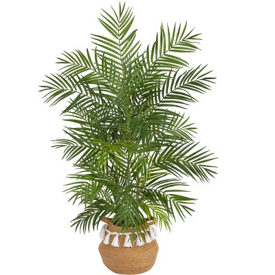 Nearly Natural 4-ft Areca Artificial Palm in Boho Chic Handmade Natural Cotton Woven Planter with Tassels