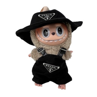 Black Designer Overalls with Matching Hat for 17.5 cm Labubu Dolls
