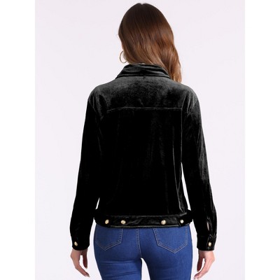 Allegra K Women's Velvet Button Up Long Sleeve Crop Jacket Black Medium — фото 3