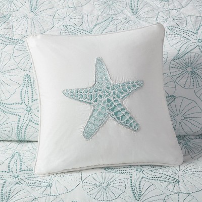Yukimo Square Pillow White 16x16", 100% Cotton Decorative Pillow with Starfish Embroidery, Hypoallergenic Polyester Fill, OEKO-TEX Certified