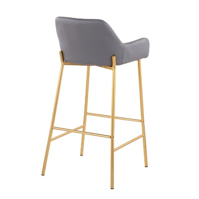 Set of 2 Gold Metal and Gray Faux Leather Bar Stools