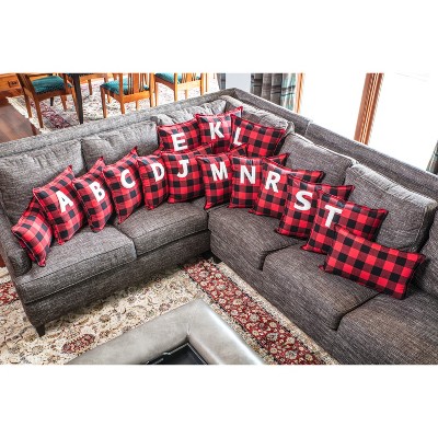 Red and Black Buffalo Plaid Faux Fur Monogram Throw Pillow