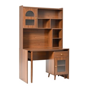Gulches Computer Desk with 90 Rotating Desktop Office Desk Storage Drawer Cabinets Shelves Gaming Writing Desk Home Office Brown - 1 of 4