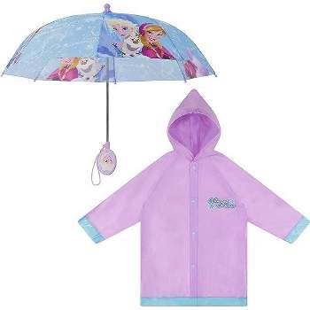 Frozen Elsa and Anna Girl’s Umbrella and Raincoat set, Kids Ages 4-7 (Light Purple)
