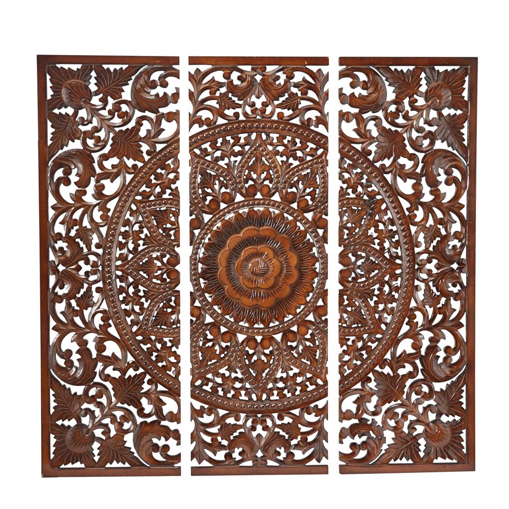 Photos - Wallpaper Set of 3 Wooden Floral Handmade Intricately Carved Wall Decors with Mandal
