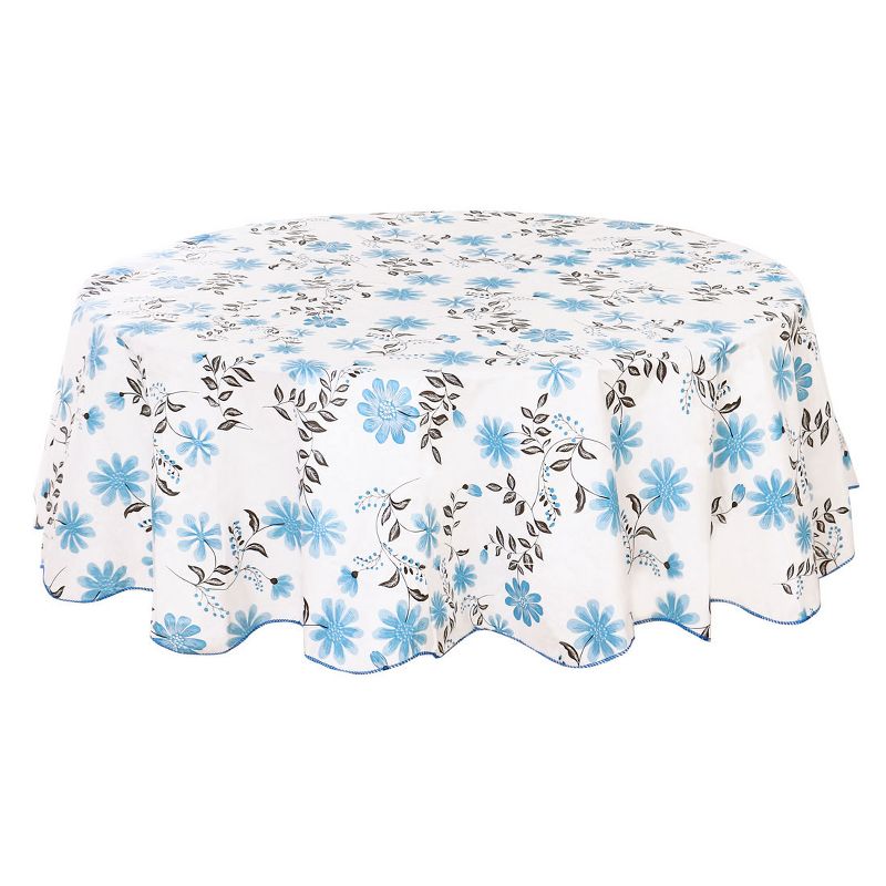 PiccoCasa Round Vinyl Water Oil Resistant Printed Tablecloths Blue Flower 70" Dia, 2 of 4