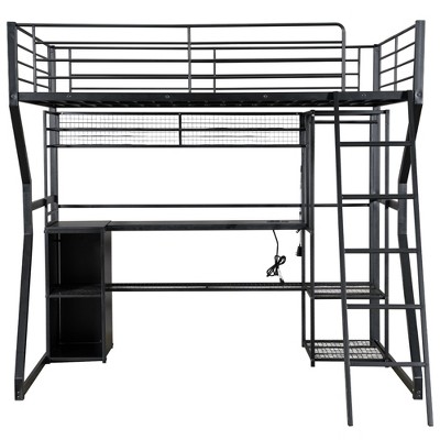 Bellemave Full Size Metal Gaming Loft Bed with Built-in Work Station, Open Wardrobe, LED and Multiple Storage, Black