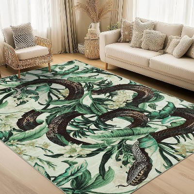 9'x12' Boho Snake Print Rug - Washable Non-Slip Stain Resistant Carpet for Living Room, Bedroom, Office - Beige/Green
