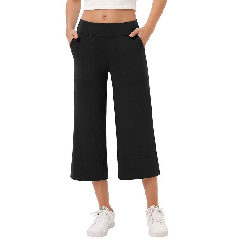 Wide Leg Capri Pants for Women Pull on Loose Lounge Yoga Workout Elastic Waist Cropped Pants with Pockets, 3 of 8
