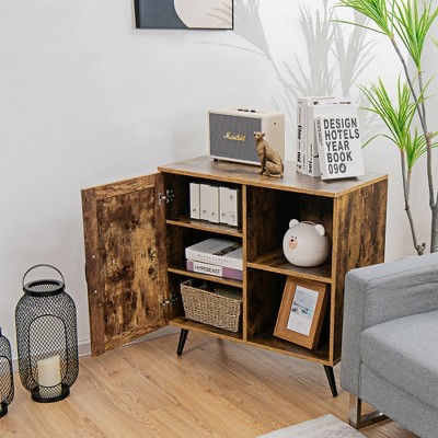 Rustic Brown Mid-Century Freestanding Storage Cabinet with Adjustable Shelves