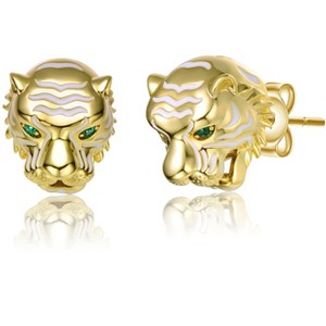 Guili Emerald Roaring Tiger Head 3D Stud Earrings in 14k Gold Plating with White Enamel, A Fierce & Striking Symbol of Strength & Power - 1 of 2