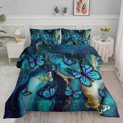 Boersma 3D Blue Butterflies Comforter Set Golden Full Comforter Set Set 1 Quilt and 2 Pillowcases All Season
