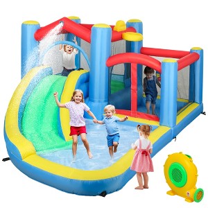 Qaba Inflatable Water Slide, Water Bounce House for Kids Outdoor Fun with Large Trampoline, Splash Pool, 550W Blower, Basketball Hoop, Dart Board - 1 of 4