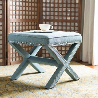 Sky Blue Upholstered Ottoman with Nailhead Trim