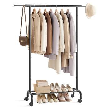SONGMICS Clothes Rack, Clothing Rack with Extendable Hanging Rail and Wheels, Garment Rack, 99 lb Total Max. Load
