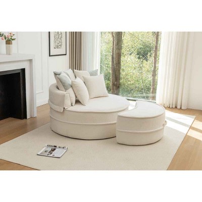 Oversized Barrel Chair with Ottoman for Living Room, Round Lounge Armchair with 5 Pillows, Soft Chenille Cushion Seat Sofa-Coolbibila