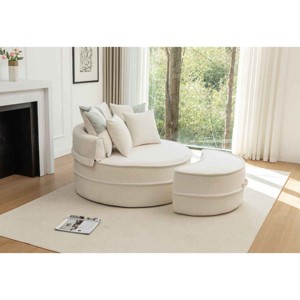 Oversized Barrel Chair with Ottoman for Living Room, Round Lounge Armchair with 5 Pillows, Soft Chenille Cushion Seat Sofa-Coolbibila - 1 of 4