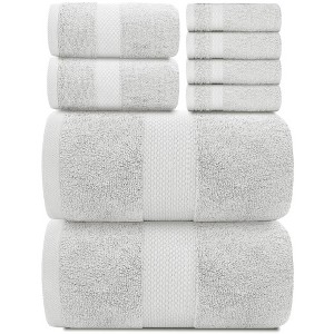 White Classic Luxury 100% Cotton 8 Piece Towel Set - 4x Washcloths, 2x Hand, and 2x Bath Towels - 1 of 4