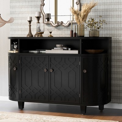 48" Stylish Fraxinus Mandschuric Solid Wood Veneer Sideboard, Curved Design 4-Door Storage Cabinet With Adjustable Shelves - ModernLuxe