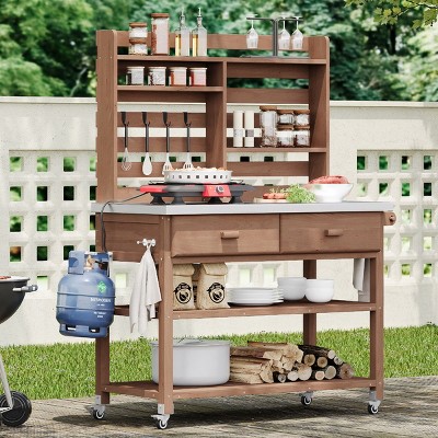 Outdoor 64.9" Potting Bench Table, Potting Bench with Lockable Wheels, Kitchen Island with Wood Frame and Stainless Steel Top-Coolbibila
