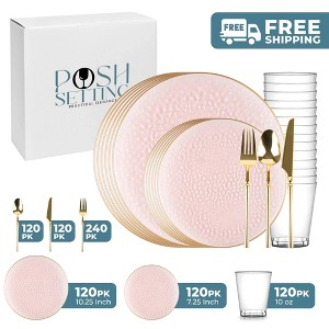 Posh Setting 840 Piece Pink And Gold Plastic Party Bundle - Organic Hammered (120 Settings) - 1 of 4