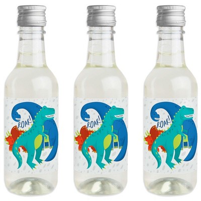 Big Dot of Happiness Roar Dinosaur - Mini Wine & Champagne Bottle Label Stickers - Dino Mite T-Rex Baby Shower Birthday Party Favor Gift - Set of 16