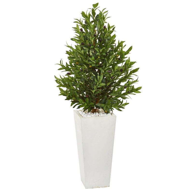 Nearly Natural 4-ft Olive Cone Topiary Artificial Tree in White Planter(Indoor/Outdoor), 1 of 2