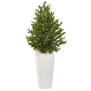 Nearly Natural 4-ft Olive Cone Topiary Artificial Tree in White Planter(Indoor/Outdoor)