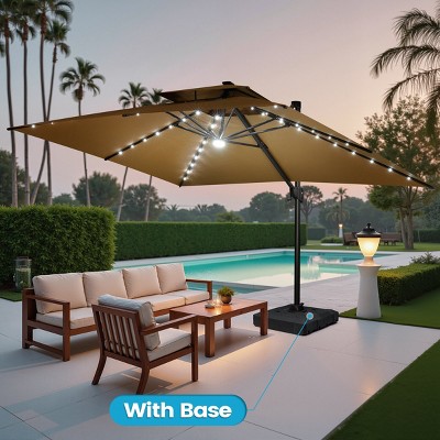 Crestlive Products 13FT Patio Cantilever Umbrella with Light Base Set Double Top High-strength Aluminum 360°Rotation 5 Heights Adjustable
