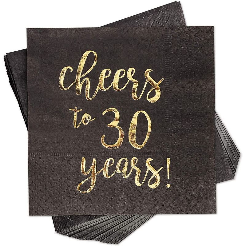 Blue Panda 100-Pack "Cheers to 30 Years!" Gold Foil Paper Disposable Cocktail Paper Napkins 5 x 5 Inches, 1 of 8