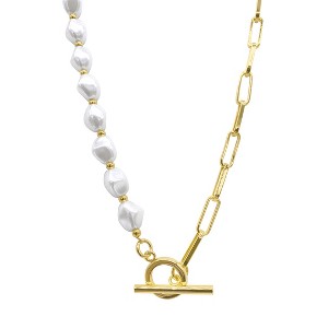 Adornia Tarnish Resistant 14k Gold Plated Pearl and Paper Clip Chain Toggle Necklace - 1 of 4