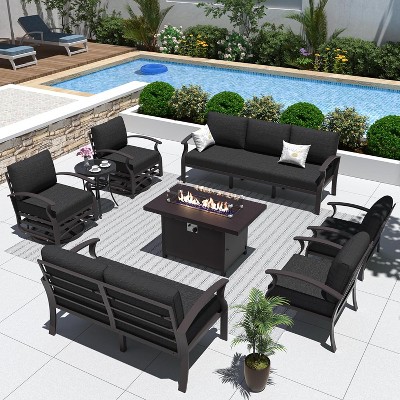 ALAULM Aluminum Patio Furniture Set with Propane Fire Pit Table 10-seat Metal Outdoor Furniture