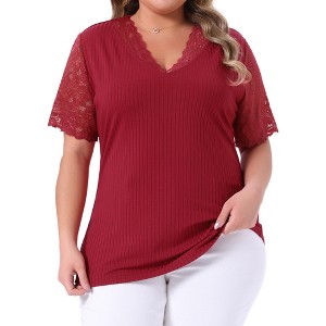 Women's Plus Size Summer V Neck Short Sleeve Elegant Lace Ribbed Knit Tunic Blouse - Agnes Orinda - 1 of 4