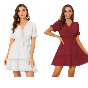 Allegra K Women's V Neck Smocked Elastic Waist Short Sleeve Boho Crochet Trim Mini Dress 2 Packs - 1 of 4