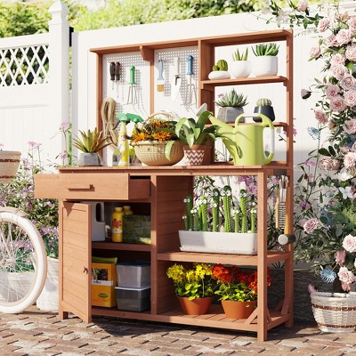 Whisen Fir Wood Potting Bench with Hutch Garden Workstation 4 Shelves Pegboard Drawer and Cabinet
