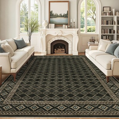 Washable Bordered Geometric Rug Non Slip Low Pile Rug Soft Contemporary Floor Cover Foldable Indoor Carpet for Living Room Bedroom Playroom Nursery