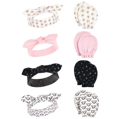 Hudson Baby Infant Girl Cotton Headband and Scratch Mitten Set, Sunshine, 0-6 Months