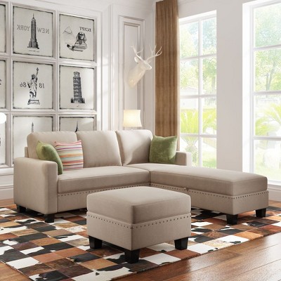 Reversible Sectional Couch with Storage Ottoman L-Shaped Sofa,Sectional Sofa with Chaise,Nailheaded Textured Fabric 3 pieces Sofa Set