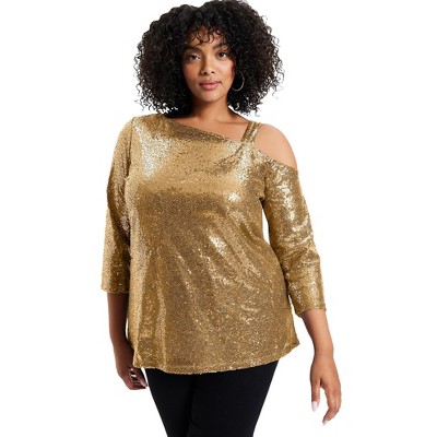 June + Vie By Roaman's Women's Plus Size Sequin One-shoulder Top - 18/20,  Sparkling Champagne : Target