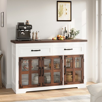 Buenhomino Buffet Cabinet with Storage, Farmhouse Sideboard Buffet with 2 Drawers and 3 Doors, Coffee Bar Cabinet for Kitchen, White and Walnut