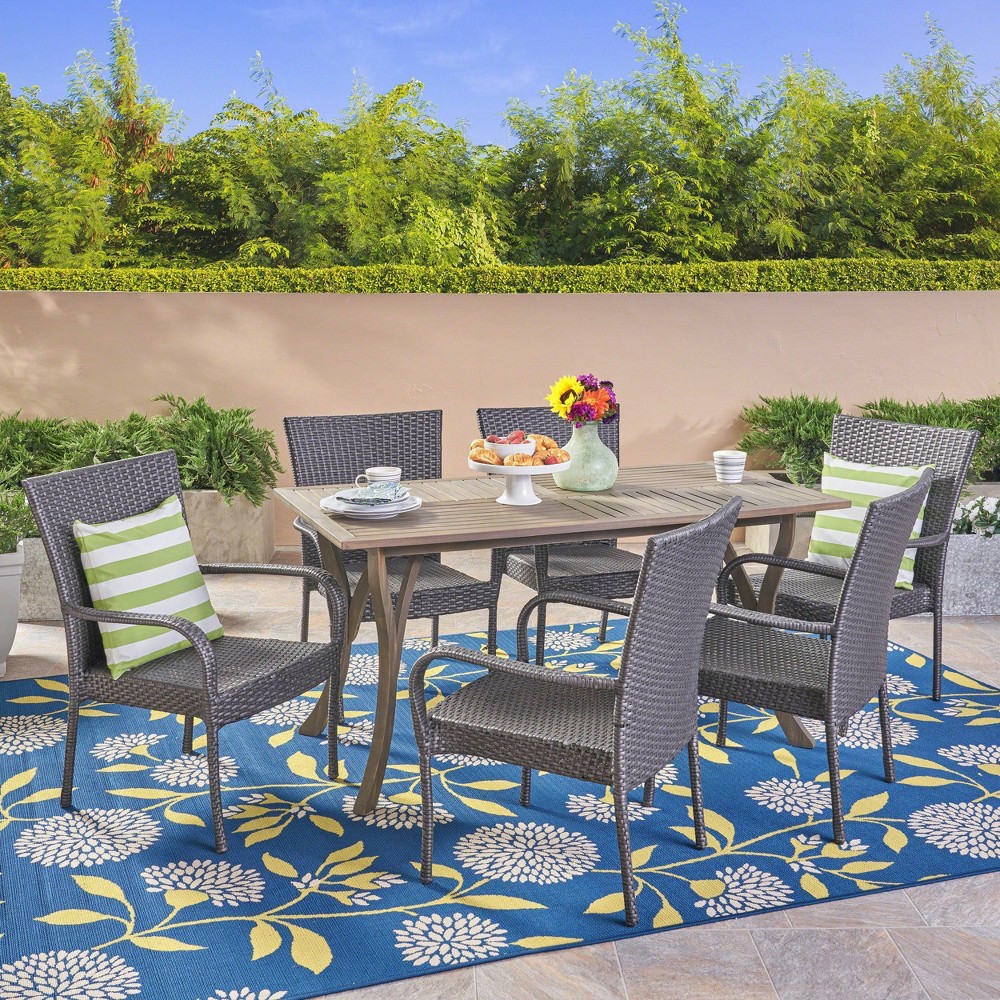 Photos - Garden Furniture Monterey 7pc Acacia & Wicker Dining Set - Gray - Christopher Knight Home