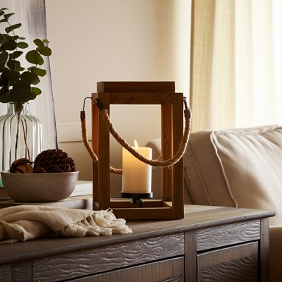 Wood and Metal Lantern Candle Holder - Rustic Hanging or Tabletop Hurricane with Rope Handle - Decorative Home Accent - 11" Brown