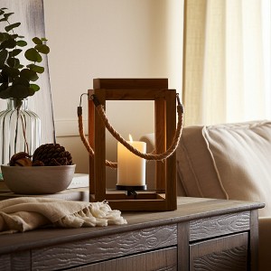 Wood and Metal Lantern Candle Holder - Rustic Hanging or Tabletop Hurricane with Rope Handle - Decorative Home Accent - 11" Brown - 1 of 4