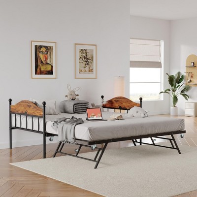 GustoWave Twin Daybed with Pop Up Trundle, Heavy Duty Metal Sofa Bed Frame with Headboards, Space Saving Daybed