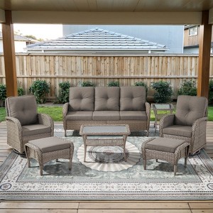 POCASSY Gray Wicker Patio Furniture Set with Coffee Table, Swivel Rocker Glider Outdoor Chairs with Sofa and Side Table, All-Weather Removable Cushion - 1 of 4