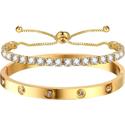 2pcs Gold Chain Link Bracelet, Stainless Steel Crystal Friendship Bracelets Bangle,Watch Band Chains Wristband