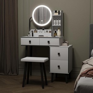 Elecwish Vanity Desk with Mirror and Lights and Stool, Makeup Vanity Set with 4 Drawers & Shelves, Vanity Table with Adjustable Brightness & 3 LED - 1 of 4
