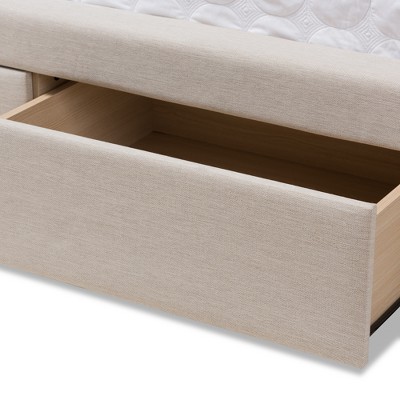 Luxurious King-Sized Light Beige Upholstered Bed with Tufted Headboard and Storage Drawers