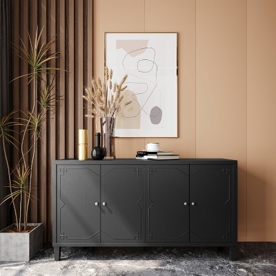 TIRAMISUBEST Matte Black 4-Door Accent Cabinet - Modern Farmhouse Sideboard for Living Room, Dining Room & Entryway